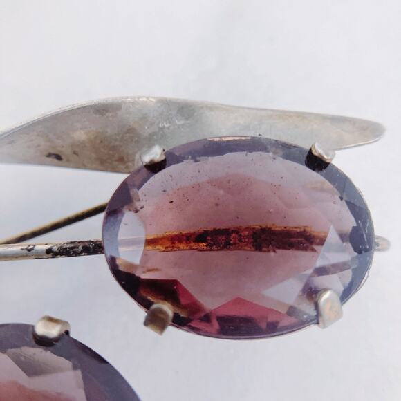 VTG 20s-30s Sterling Silver Floral Brooch Purple Glass Stones Nouveau Influence - Picture 5 of 8